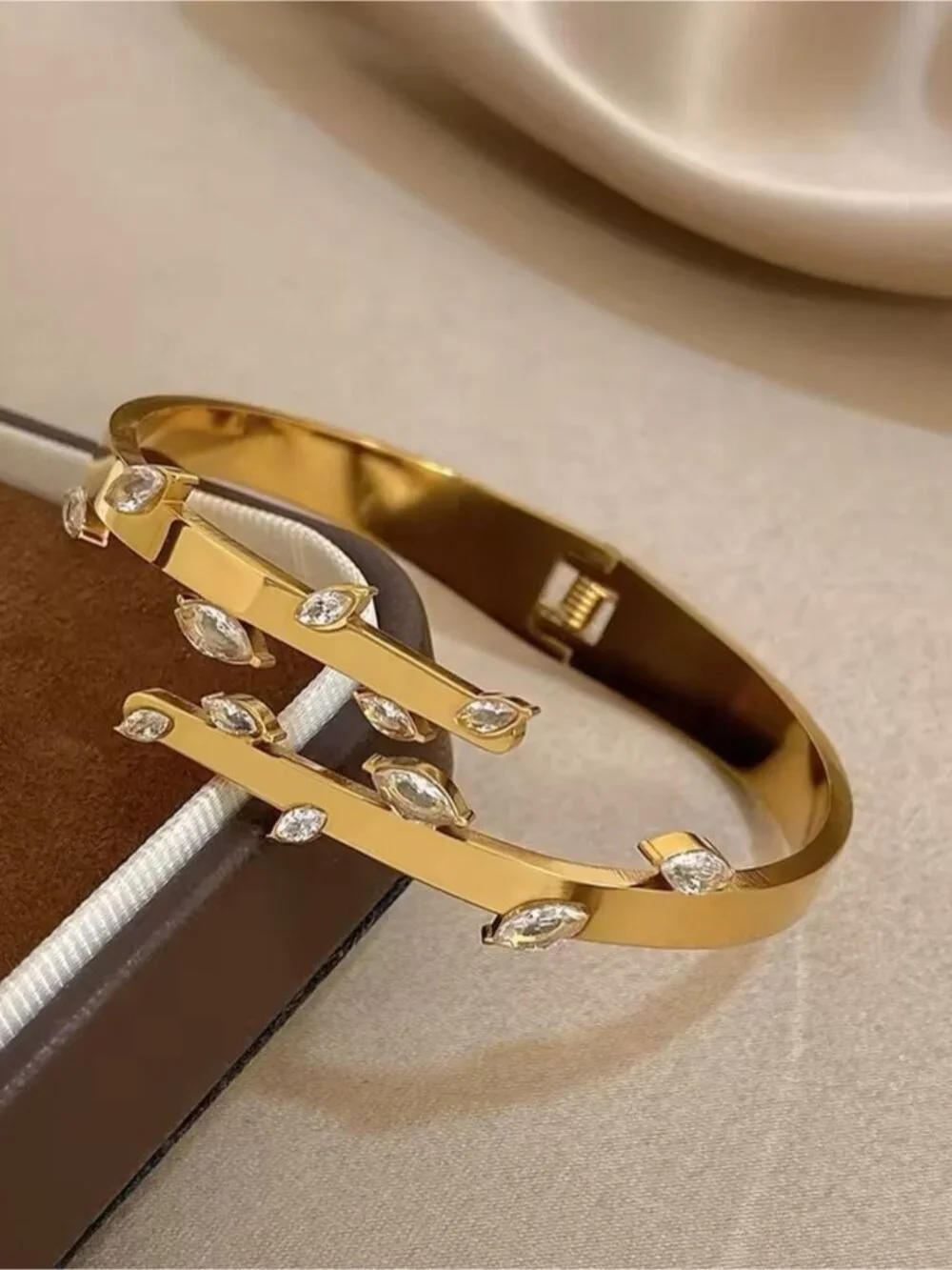 Gold Leaf Crystal Hinged Bangle Bracelet